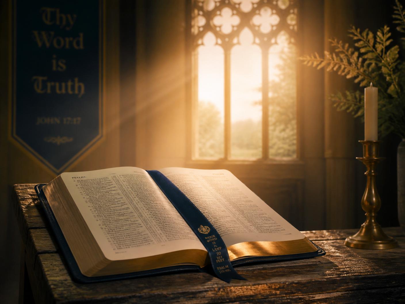 Open Bible in golden dawn light